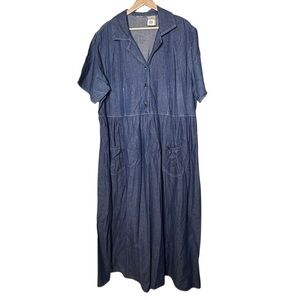 VTG Denim Shift Maxi Shirt Dress Size 1X Pockets Collared Vacation Minimalist